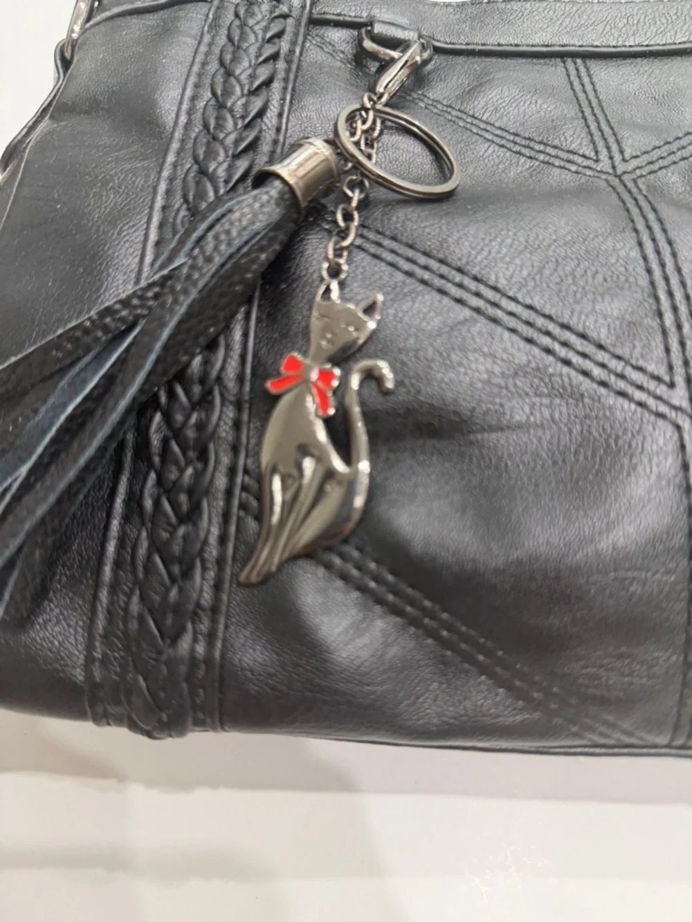 X.N CROWN Black Shoulder Bag Braided Strap Cat Charm Y2K Chic Trendy